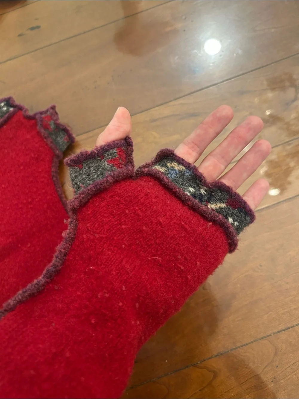 Handmade Red Wool Fingerless Mitts with Patterned Cuff
